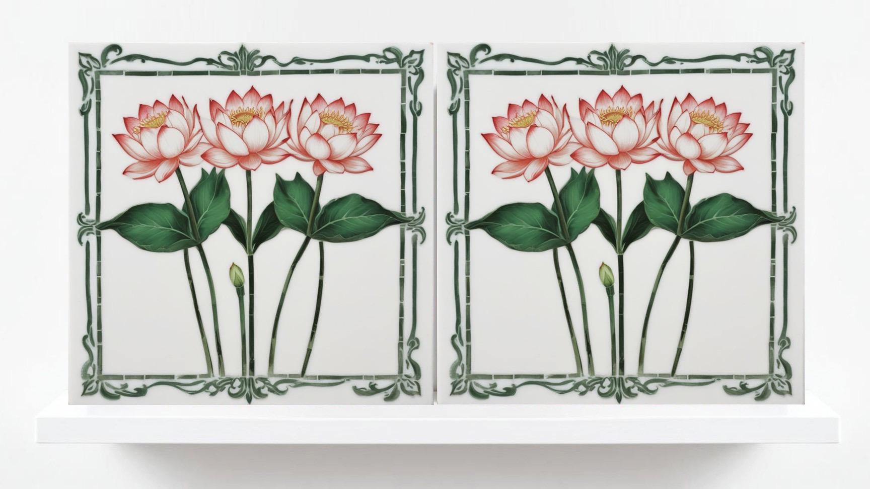 Lotus Tile Art Nouveau Flower Ceramic Tiles - Set of 2 Art Nouveau Wall Decor Tiles - Kitchen Backsplash Tiles, Shower Tiles, Bathroom Tiles