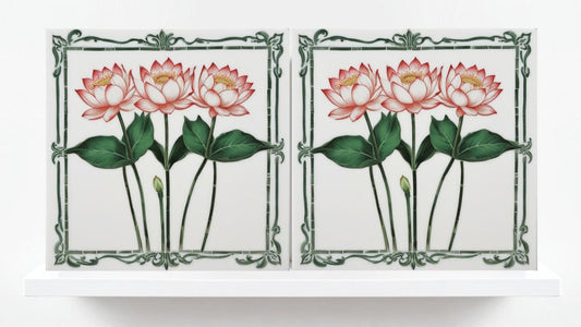 Lotus Tile Art Nouveau Flower Ceramic Tiles - Set of 2 Art Nouveau Wall Decor Tiles - Kitchen Backsplash Tiles, Shower Tiles, Bathroom Tiles