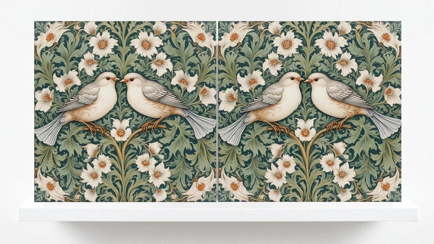 Green Art Nouveau Bird and Flower Ceramic tiles -Set of 2 Botanical Tiles Birds Wall Decor ,Birds Tiles -Kitchen Backsplash Tiles,Bathroom