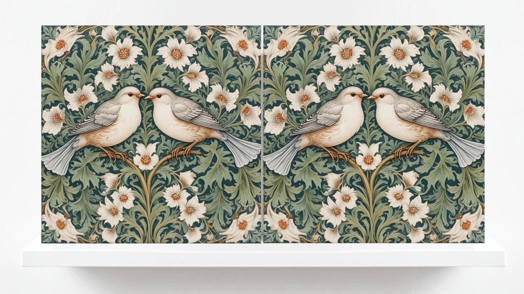 Green Art Nouveau Bird and Flower Ceramic tiles -Set of 2 Botanical Tiles Birds Wall Decor ,Birds Tiles -Kitchen Backsplash Tiles,Bathroom