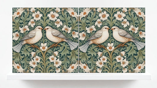 Green Art Nouveau Bird and Flower Ceramic tiles -Set of 2 Botanical Tiles Birds Wall Decor ,Birds Tiles -Kitchen Backsplash Tiles,Bathroom