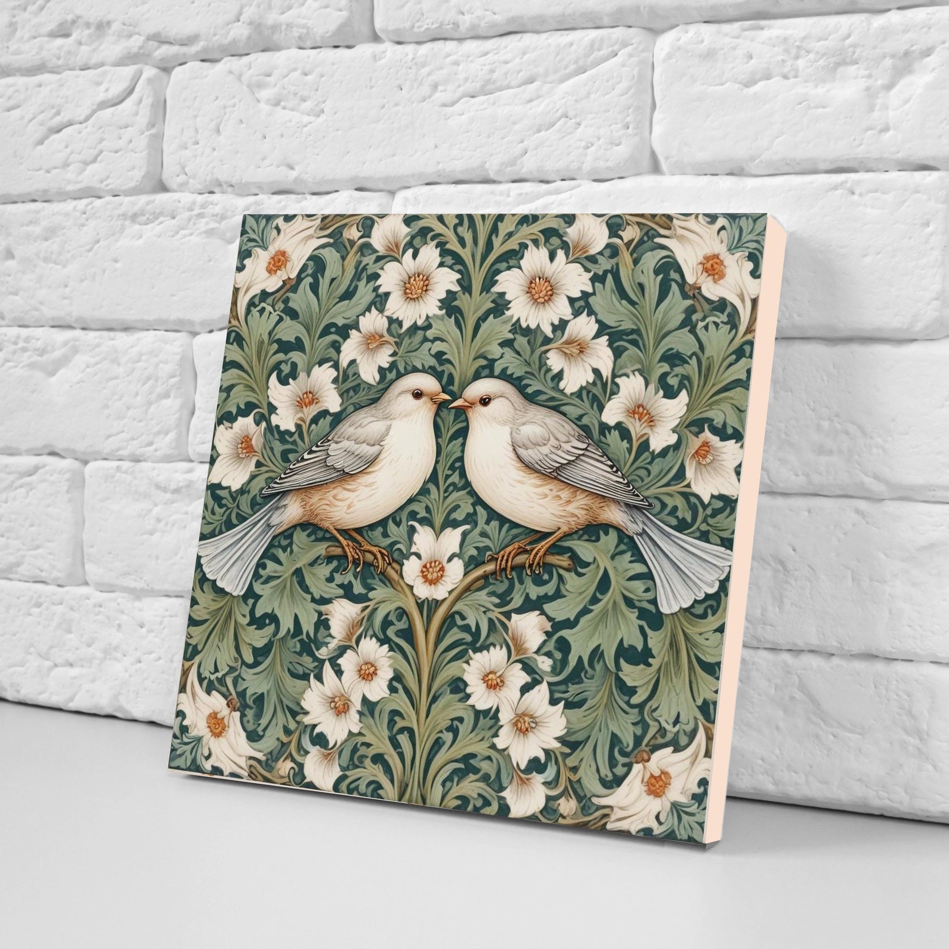 Green Art Nouveau Bird and Flower Ceramic tiles -Set of 2 Botanical Tiles Birds Wall Decor ,Birds Tiles -Kitchen Backsplash Tiles,Bathroom