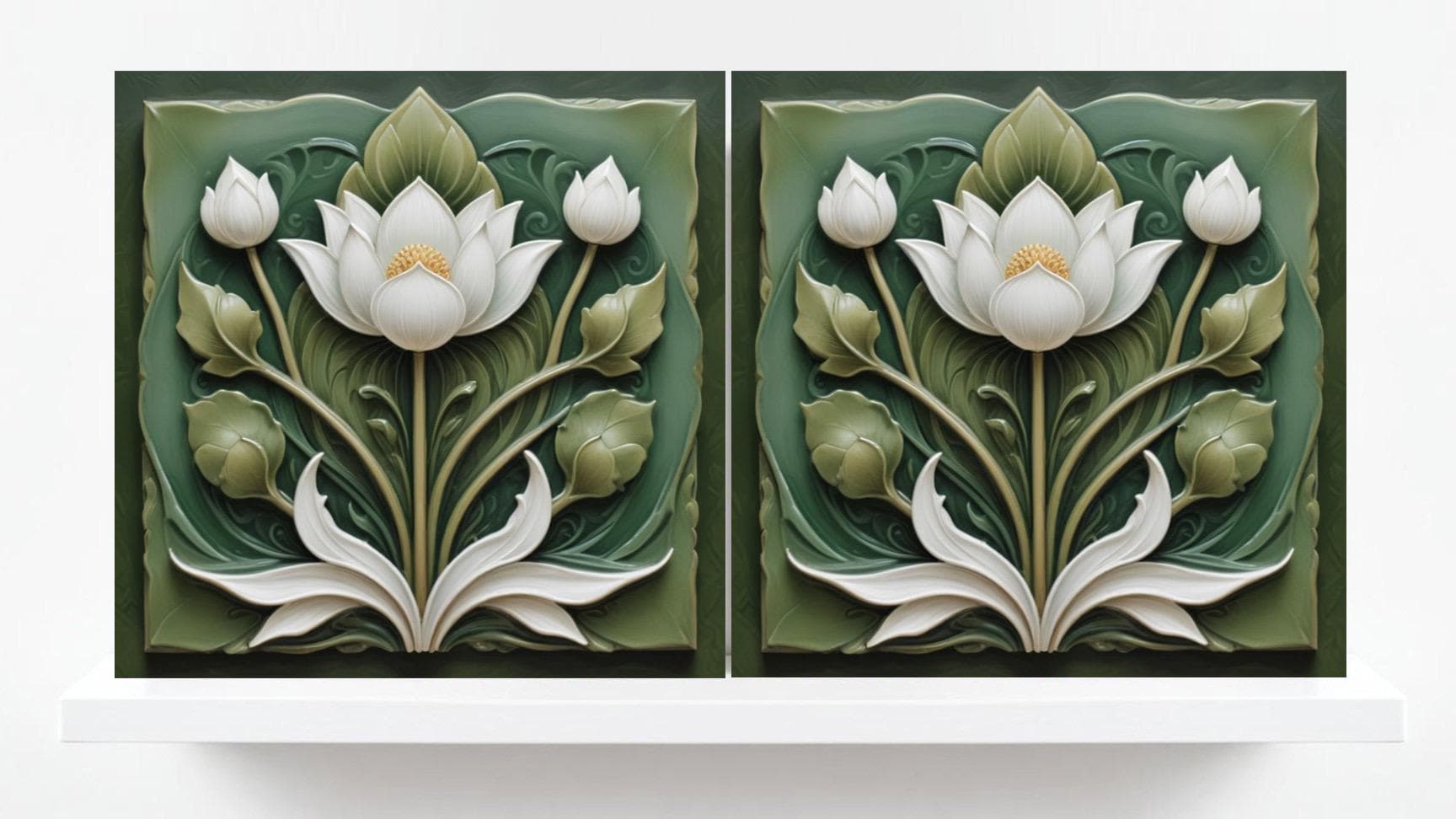 Lotus Tile Green Art Nouveau Tiles Flower Ceramic Tiles -Set of 2 Floral Wall Decor Tiles -Kitchen Backsplash Tiles,Shower Tiles,Bathroom