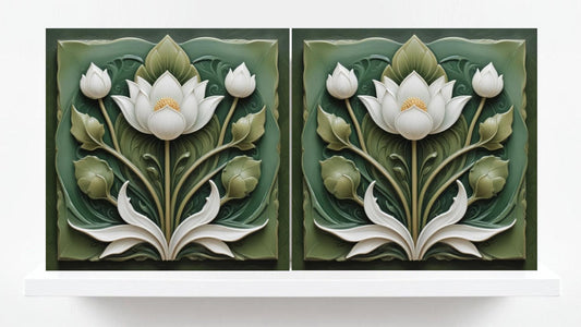 Lotus Tile Green Art Nouveau Tiles Flower Ceramic Tiles -Set of 2 Floral Wall Decor Tiles -Kitchen Backsplash Tiles,Shower Tiles,Bathroom