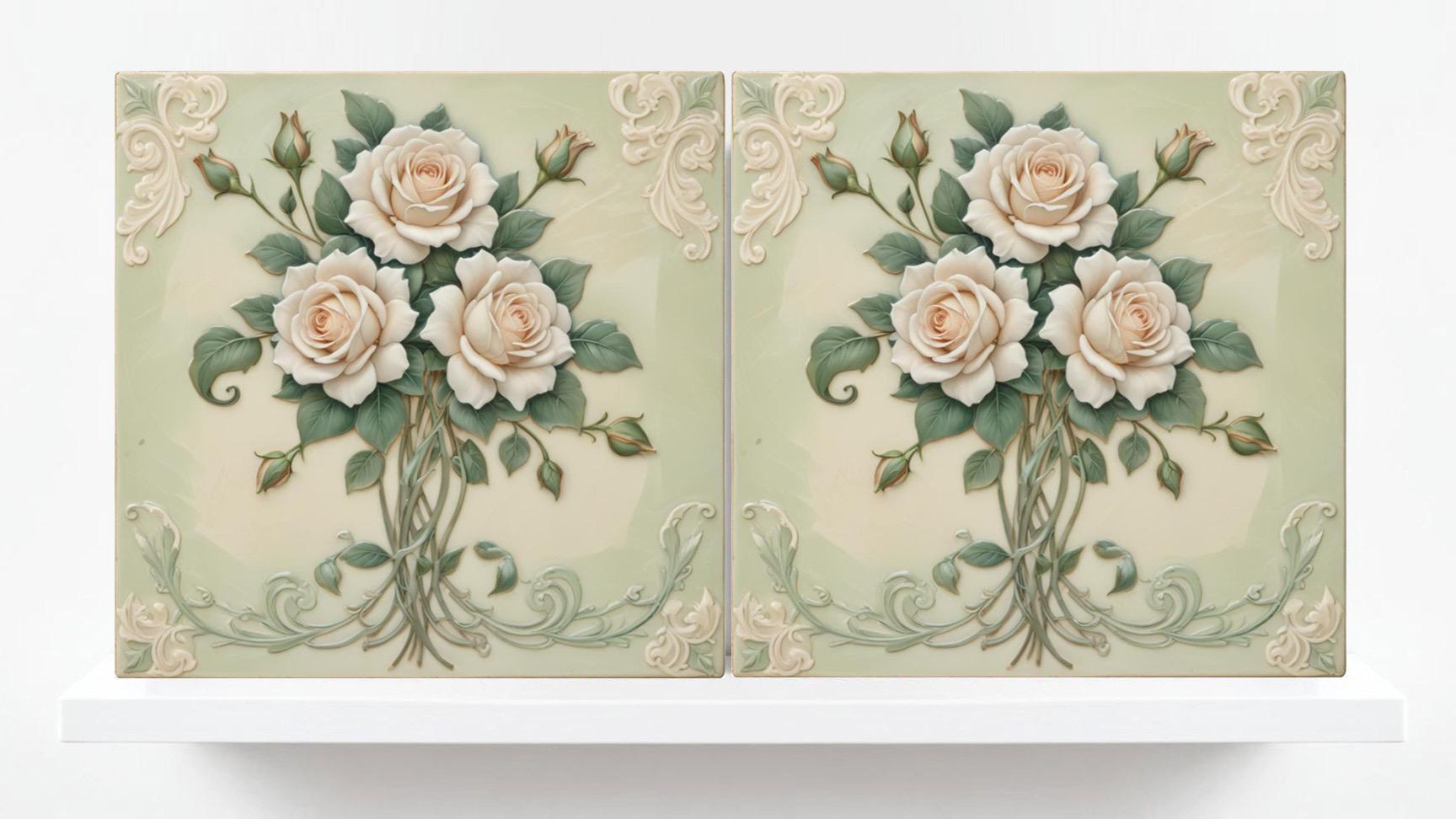 Art Nouveau Tile Rose Flower Ceramic Tiles - Set of 2 Botanical Wall Decor Tiles -Kitchen Backsplash ,Bathroom, Sink, Shower Wall Art Print