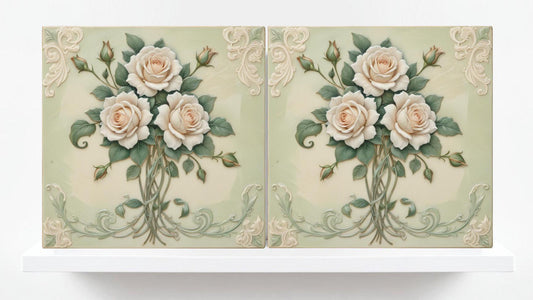 Art Nouveau Tile Rose Flower Ceramic Tiles - Set of 2 Botanical Wall Decor Tiles -Kitchen Backsplash ,Bathroom, Sink, Shower Wall Art Print