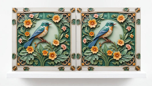 Art Nouveau Bird and Flower Ceramic tiles -Set of 2 Art Nouveau Bird Wall Decor Tiles,Bird Tiles -Kitchen Backsplash Tiles,Bathroom Tiles
