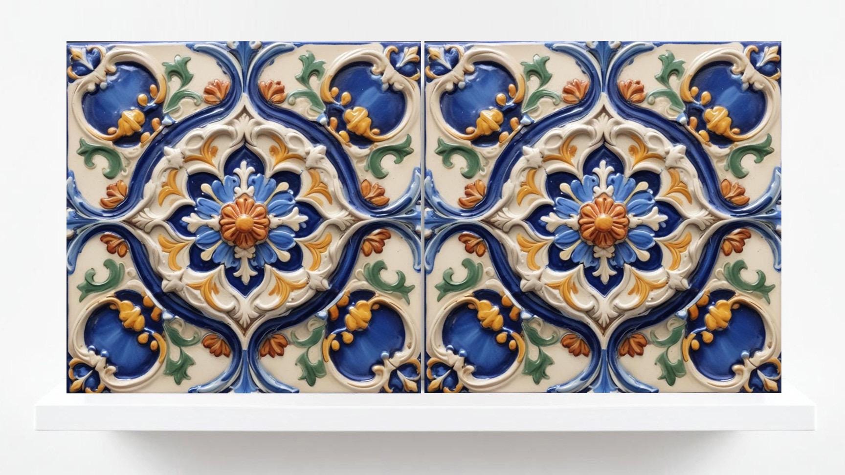 Italian Majolica Tiles -Set of 2 Sicilian Wall Decor Flower Tiles-Kitchen Backsplash Tiles, Sink Splashback,Bathroom,Shower Wall Art,Coaster