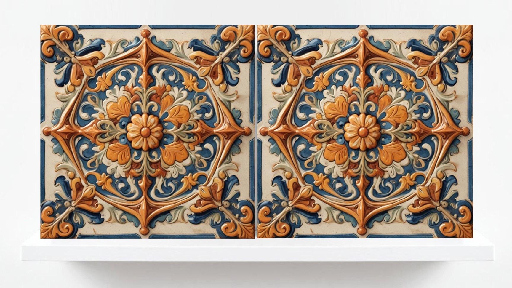 Italian Majolica Tiles - Set of 2 Sicilian Wall Decor Tiles - Kitchen Backsplash, Sink Splashback,Bathroom,Shower Wall Art,Fireplace,Coaster