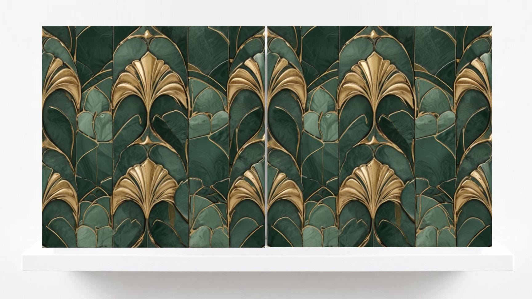 Art Deco Ceramic Tiles Green- Set of 2 Art Deco Wall Decor Geometric Tiles - Kitchen Backsplash Tiles,Table Decorative Tiles, Bathroom Tiles