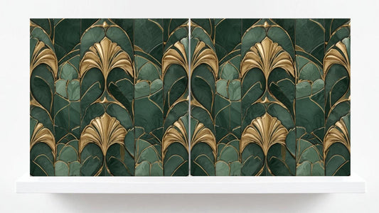 Art Deco Ceramic Tiles Green- Set of 2 Art Deco Wall Decor Geometric Tiles - Kitchen Backsplash Tiles,Table Decorative Tiles, Bathroom Tiles