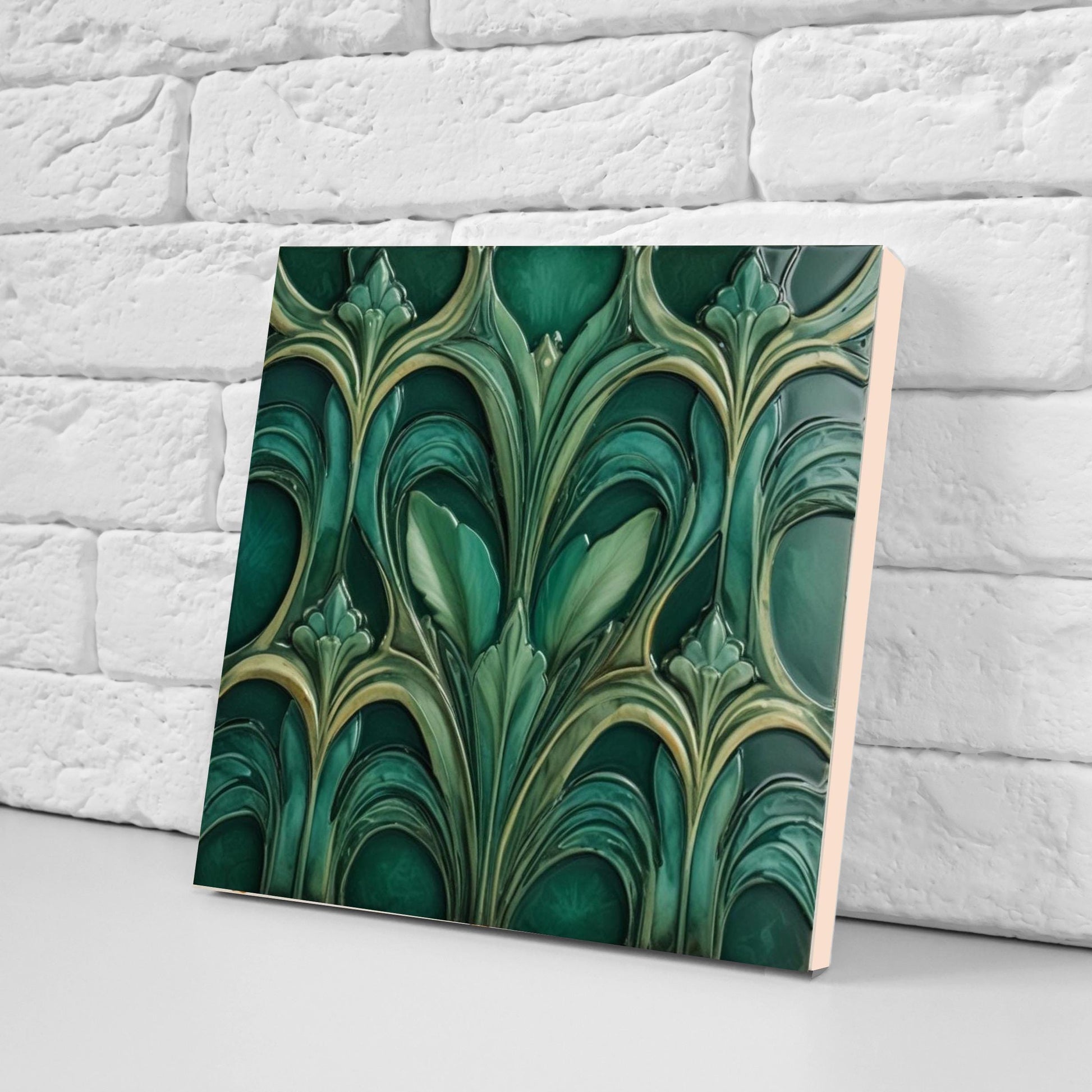Art Deco Ceramic Tiles Green- Set of 2 Art Deco Wall Decor Geometric Tiles - Kitchen Backsplash Tiles,Table Decorative Tiles, Bathroom Tiles