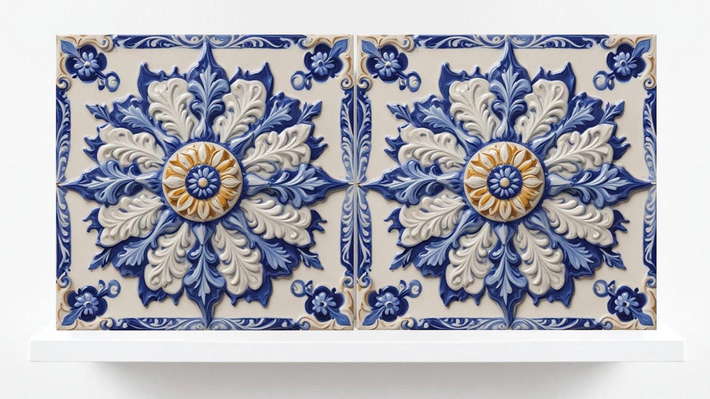 Majolica Tiles - Set of 2 Sicilian Tiles Print Italian Tile Wall Decor - Kitchen Backsplash, Bathroom, Shower Wall, Sink Splashback, Coaster