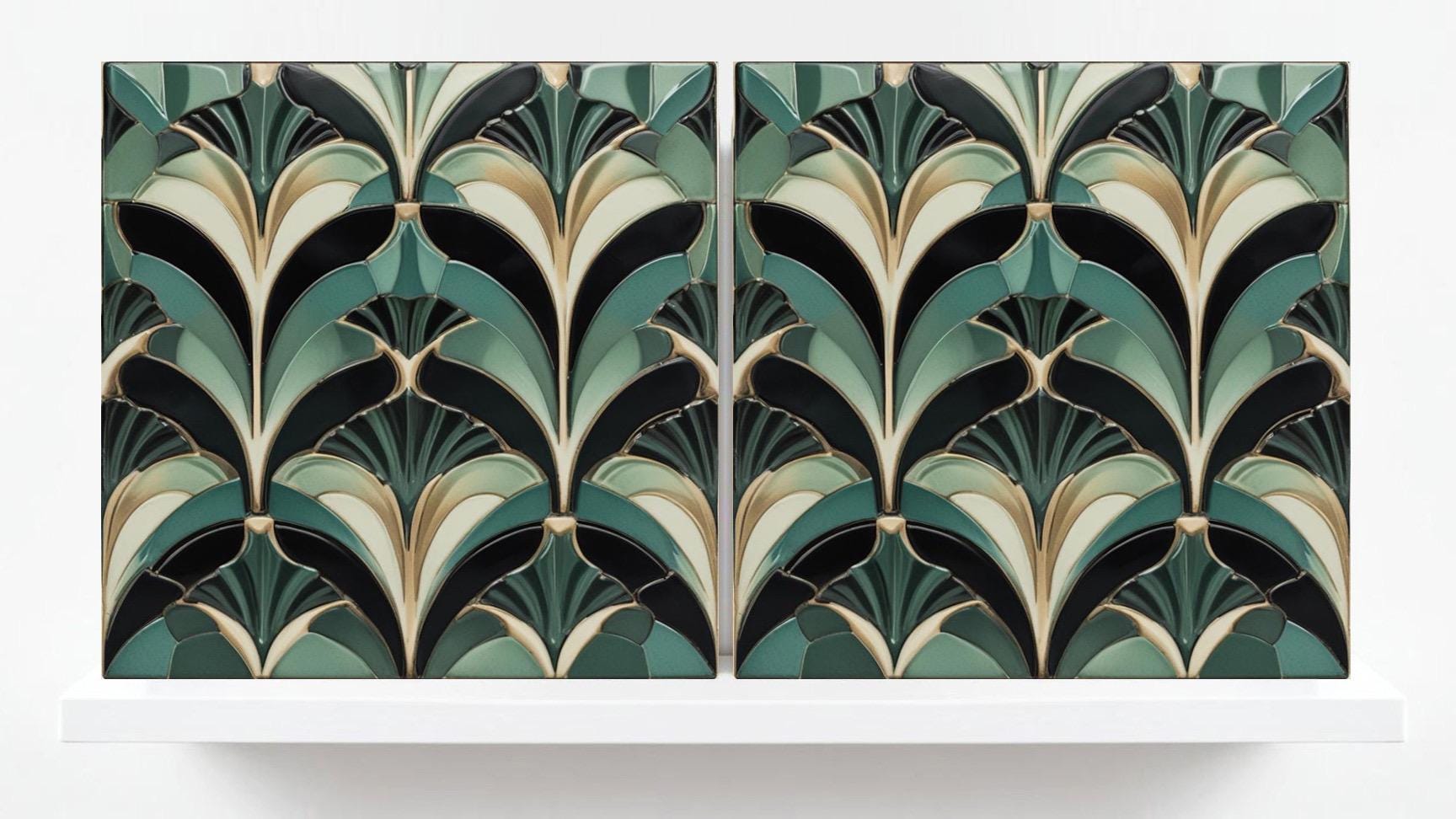 Art Deco Ceramic Tiles Green- Set of 2 Art Deco Wall Decor Geometric Tiles - Kitchen Backsplash Tiles,Table Decorative Tiles, Bathroom Tiles