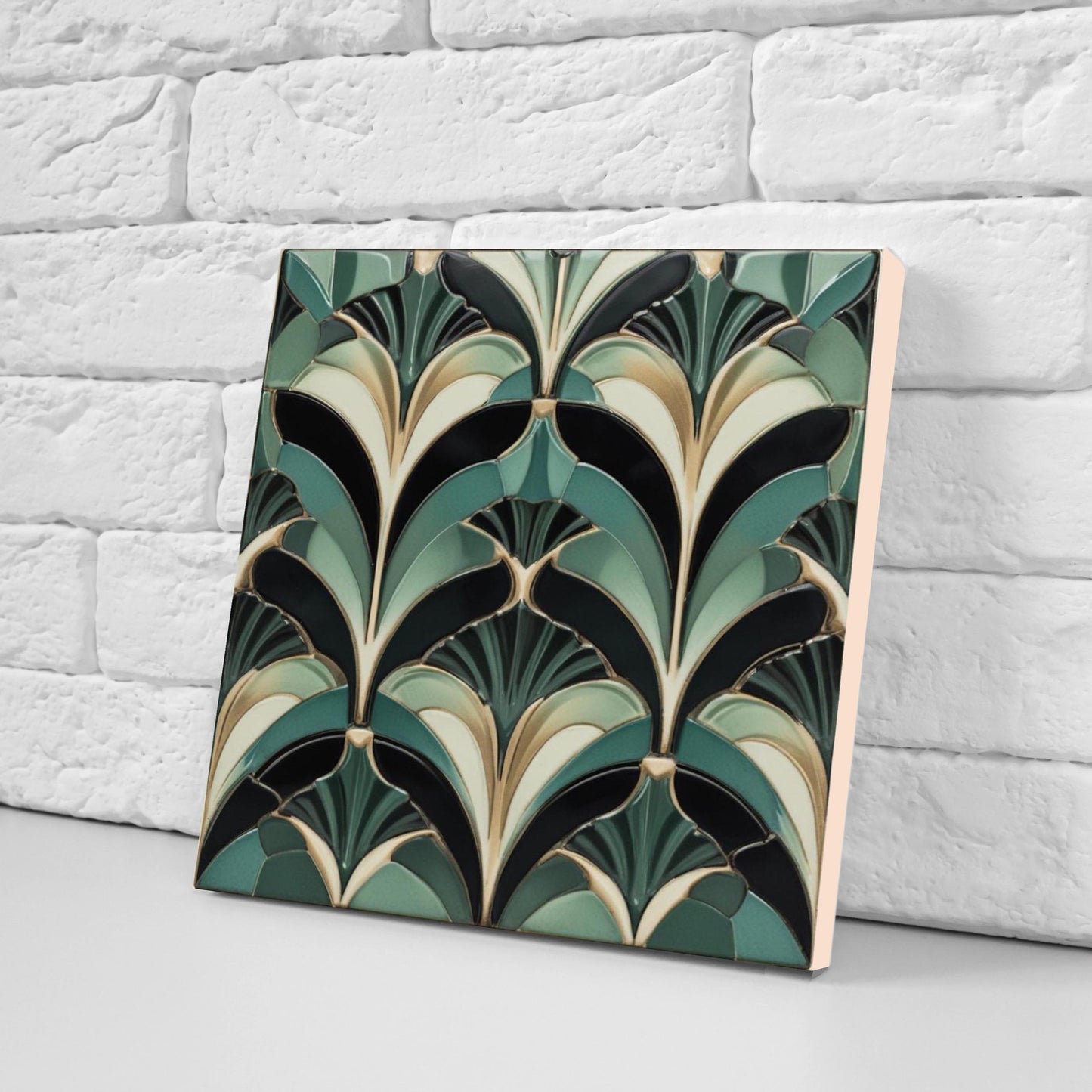 Art Deco Ceramic Tiles Green- Set of 2 Art Deco Wall Decor Geometric Tiles - Kitchen Backsplash Tiles,Table Decorative Tiles, Bathroom Tiles