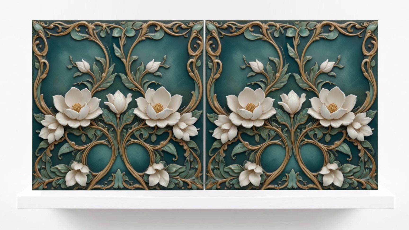 Lotus Tile Green Art Nouveau Tiles Flower Ceramic Tiles -Set of 2 Floral Wall Decor Tiles -Kitchen Backsplash,Shower,Bathroom,Sink,Fireplace