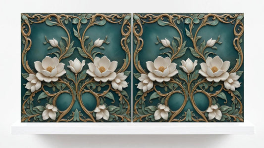 Lotus Tile Green Art Nouveau Tiles Flower Ceramic Tiles -Set of 2 Floral Wall Decor Tiles -Kitchen Backsplash,Shower,Bathroom,Sink,Fireplace