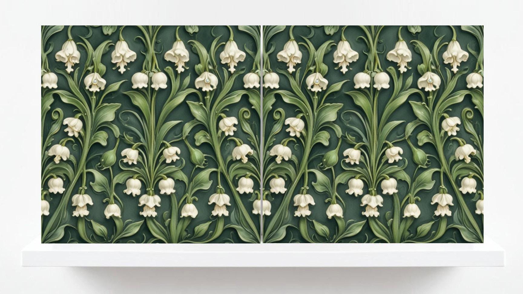 Lily of The Valley Tile Green Art Nouveau Tiles Flower Print Ceramic Tiles - Set of 2 Art Nouveau Wall Decor - Kitchen Backsplash, Bathroom