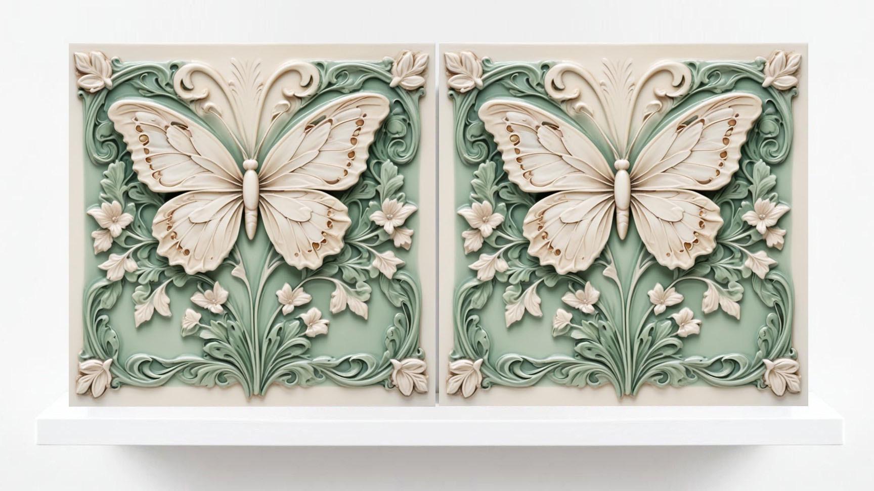 Butterfly Tile - Set of 2 Green Art Nouveau Tiles Wall Decor print -Kitchen Backsplash, Home Decor,Bathroom,Shower,Sink Splashback,Fireplace