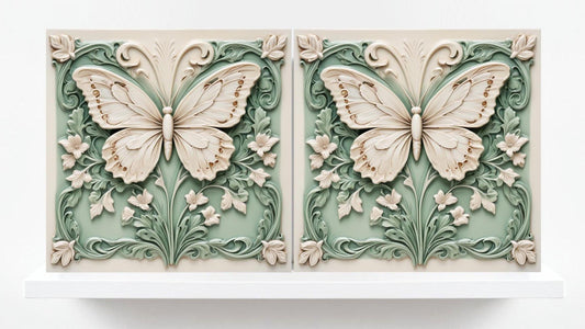 Butterfly Tile - Set of 2 Green Art Nouveau Tiles Wall Decor print -Kitchen Backsplash, Home Decor,Bathroom,Shower,Sink Splashback,Fireplace