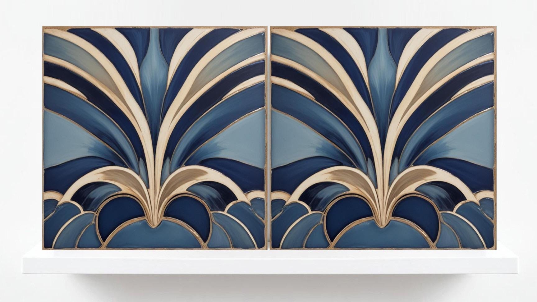 Art Deco Tile Backsplash - Set of 2 Art Deco Wall Decor Geometric Tiles - Kitchen, Bathroom, Sink Splashback,Shower Wall Art,Fireplace Tiles