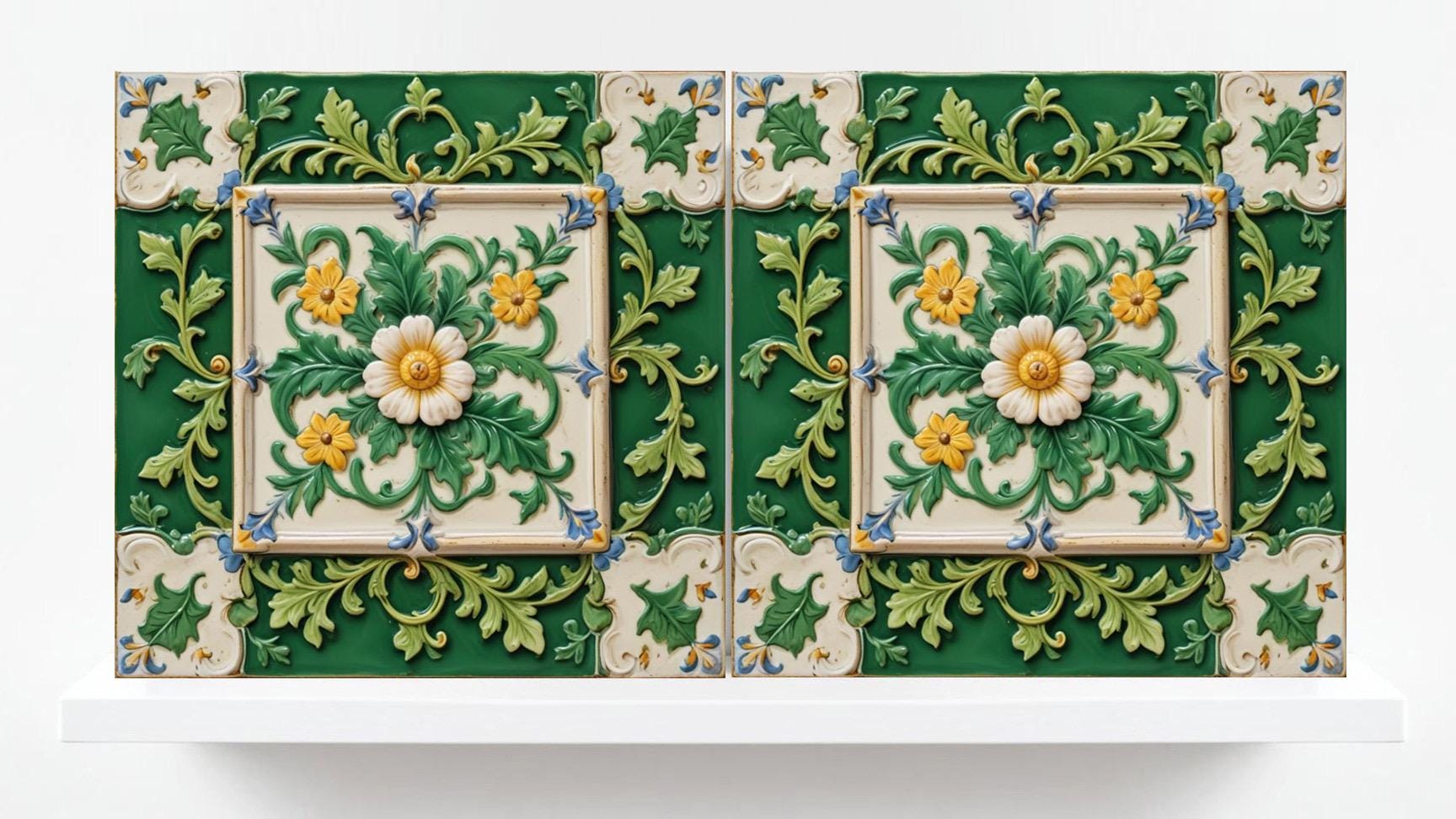 Italian Majolica Tiles Floral -Set of 2 Sicilian Wall Decor Tiles -Kitchen Backsplash Tiles, Table Decorative Tiles, Bathroom Tiles, Coaster