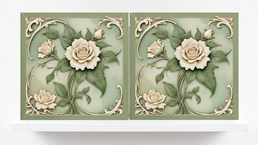 Art Nouveau Tile Rose Flower Ceramic Tiles - Set of 2 Green Art Nouveau Tiles Wall Decor -Kitchen Backsplash Tiles,Bathroom, Shower Wall Art