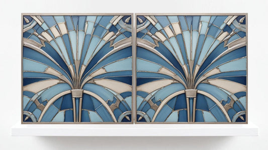Art Deco Ceramic tiles Blue - Set of 2 Art Deco Wall Decor Geometric Tiles - Kitchen Backsplash , Bathroom, Sink Splashback, Accent Wall Art