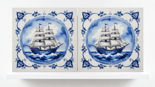 Delft Blue Ceramic Tile - Set of 2 Ceramic Delftware Tiles-Delft Tile with Ship - Delft Prints- Kitchen Backsplash,Sink,Bathroom,Shower Wall