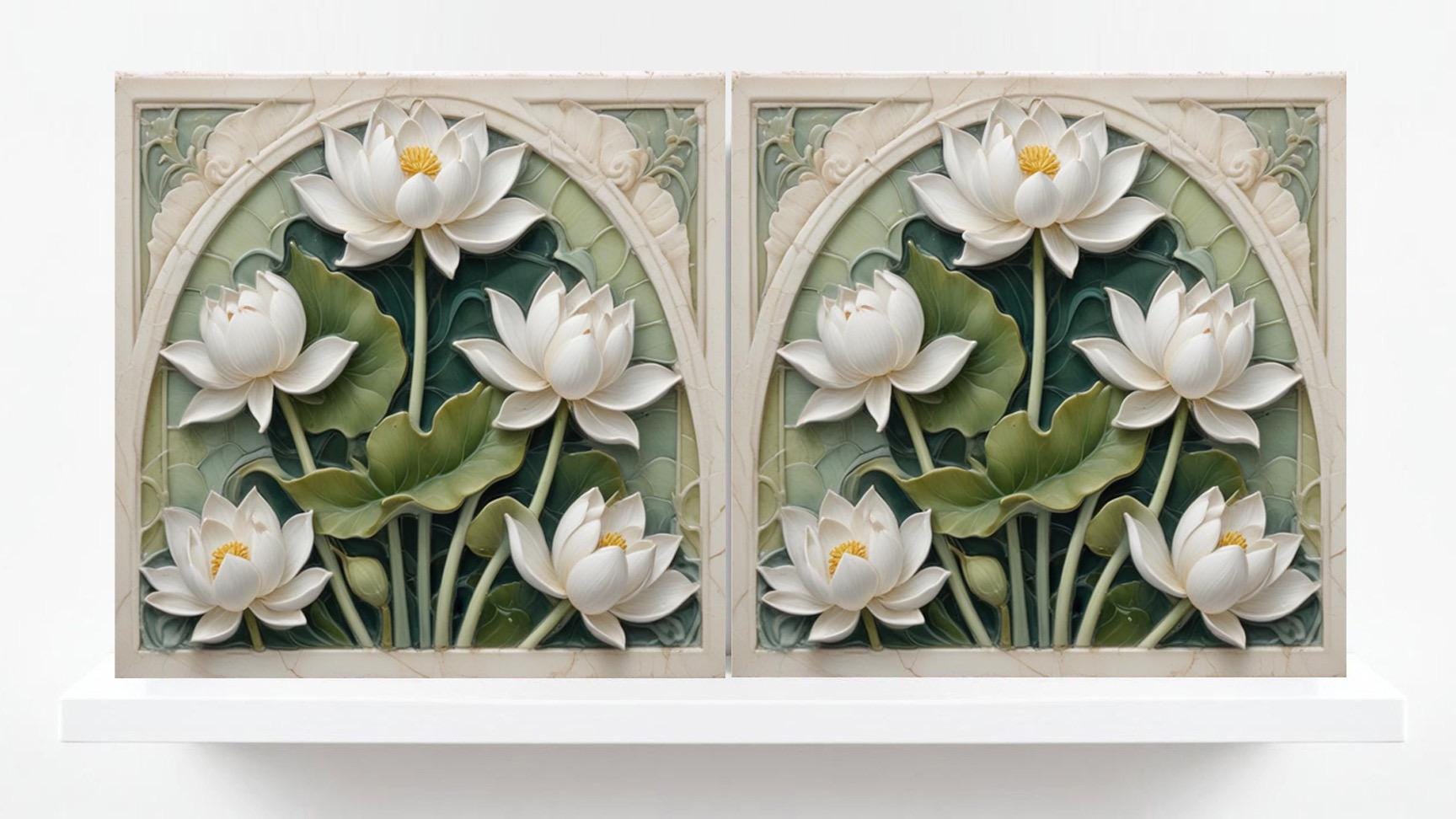 Lotus Tile Art Nouveau Flower Ceramic Tiles - Set of 2 Art Nouveau Wall Decor Tiles -Kitchen Backsplash,Shower,Bathroom Wall,Sink splashback