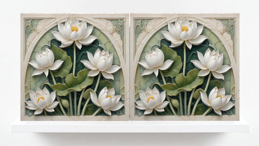 Lotus Tile Art Nouveau Flower Ceramic Tiles - Set of 2 Art Nouveau Wall Decor Tiles -Kitchen Backsplash,Shower,Bathroom Wall,Sink splashback