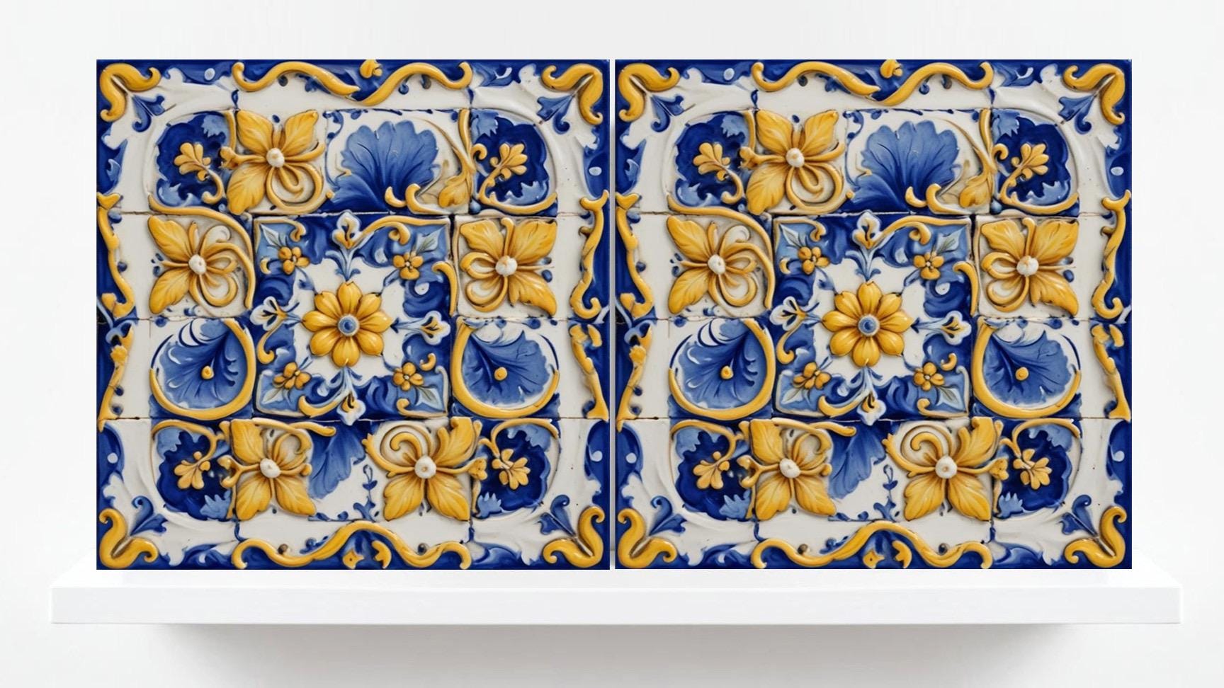 Italian Majolica Tiles-Set of 2 Sicilian Wall Decor Flower Tiles-Kitchen Backsplash Tiles,Sink Splashback,Bathroom,Shower Wall Art,Fireplace