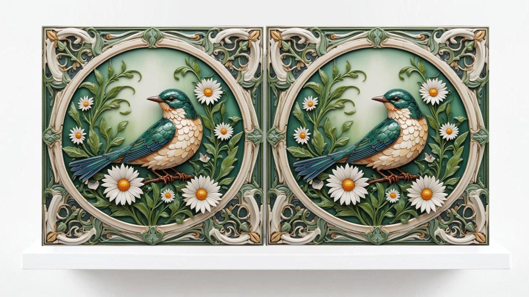 Art Nouveau Bird and Flower Ceramic tiles -Set of 2 Art Nouveau Bird Wall Decor Tiles,Bird Tiles -Kitchen Backsplash Tiles,Bathroom Tiles