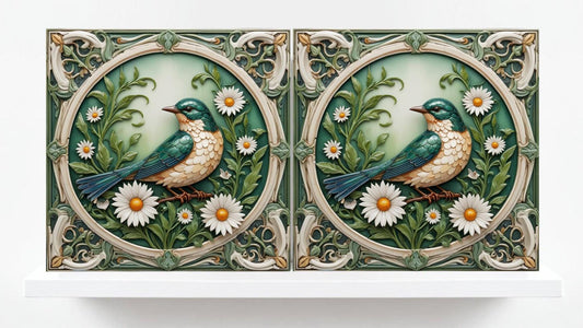 Art Nouveau Bird and Flower Ceramic tiles -Set of 2 Art Nouveau Bird Wall Decor Tiles,Bird Tiles -Kitchen Backsplash Tiles,Bathroom Tiles
