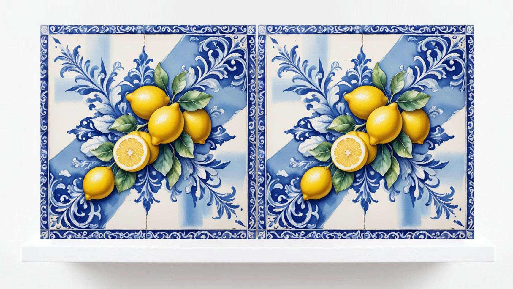 Italian Majolica Lemon Tiles - Set of 2 Mediterranean Wall Decor Tiles -Kitchen Backsplash,Shower Wall Art, Bathroom,Sink Splashback,Coaster
