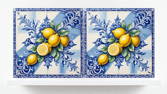 Italian Majolica Lemon Tiles - Set of 2 Mediterranean Wall Decor Tiles -Kitchen Backsplash,Shower Wall Art, Bathroom,Sink Splashback,Coaster