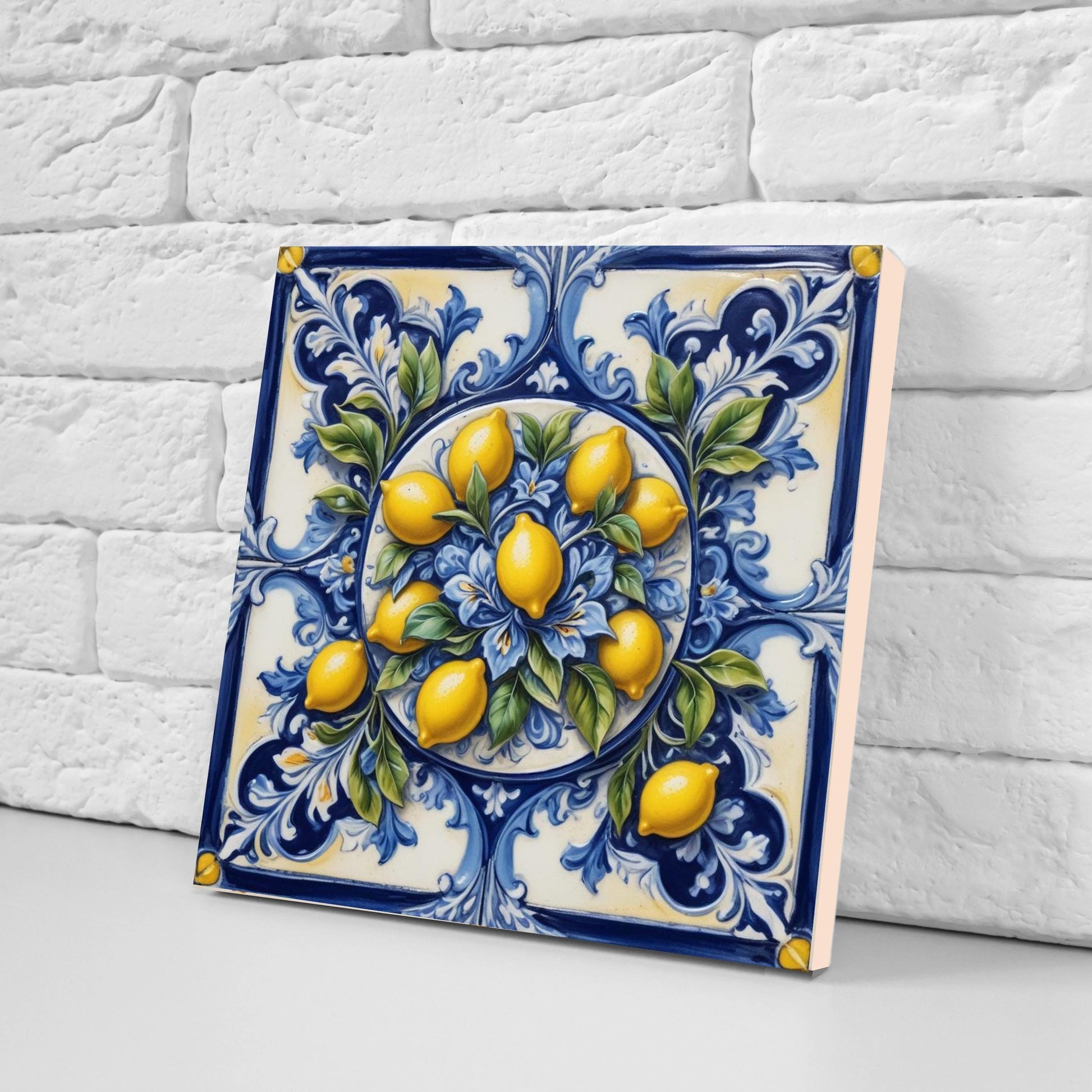 Italian Majolica Lemon Tiles - Set of 2 Mediterranean Wall Decor Tiles -Kitchen Backsplash,Shower Wall Art, Bathroom,Sink Splashback,Coaster