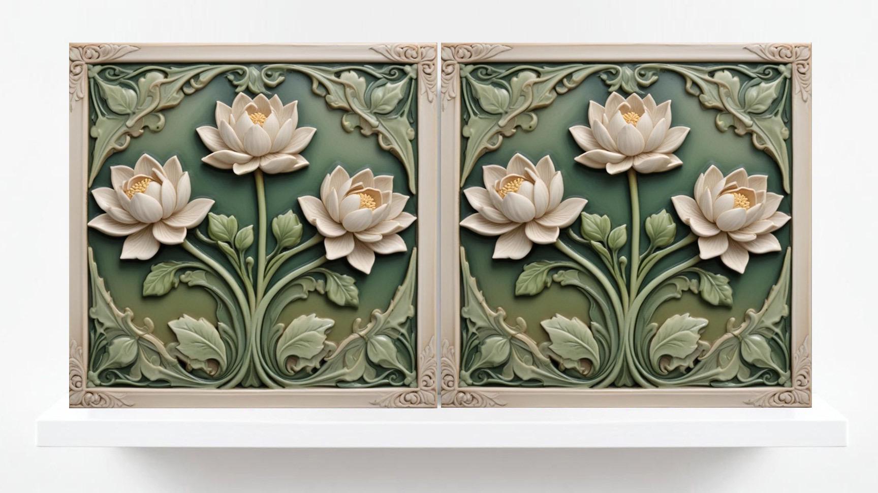 Lotus Tile Art Nouveau Flower Ceramic Tiles - Set of 2 Art Nouveau Green Wall Decor,Kitchen Backsplash,Shower,Bathroom Wall,Sink splashback