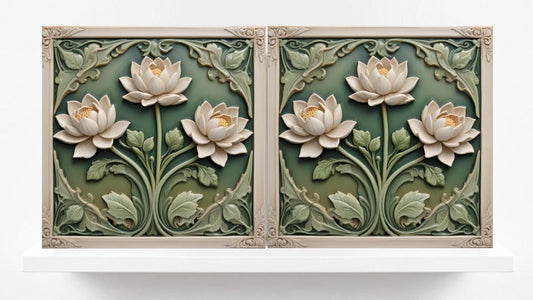 Lotus Tile Art Nouveau Flower Ceramic Tiles - Set of 2 Art Nouveau Green Wall Decor,Kitchen Backsplash,Shower,Bathroom Wall,Sink splashback