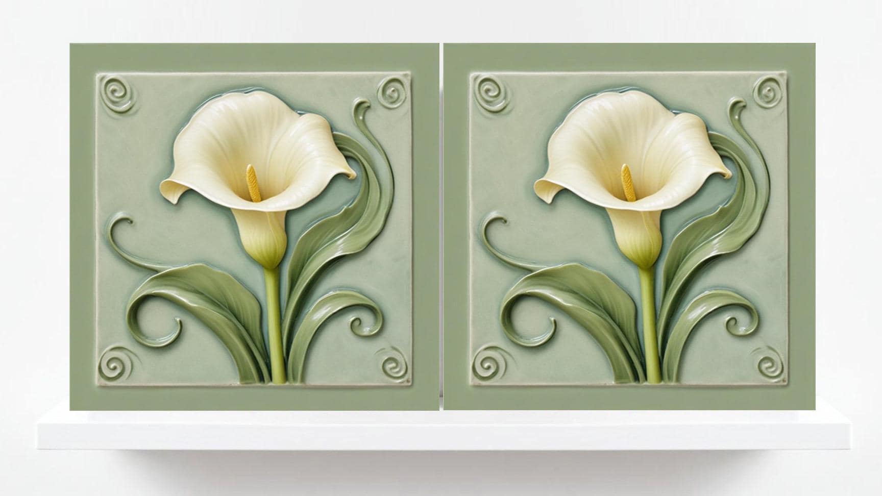 Calla Lily Tile Green Art Nouveau Tiles - Set of 2 - Flower Botanical Art Print Ceramic Tiles -Kitchen Backsplash, Bathroom,Sink Splashback