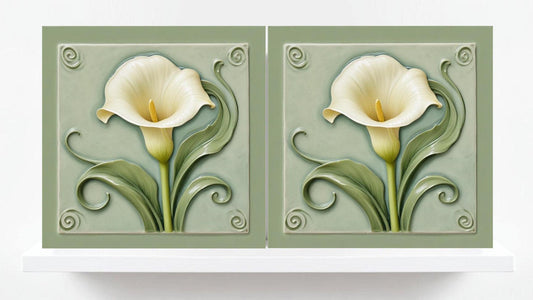 Calla Lily Tile Green Art Nouveau Tiles - Set of 2 - Flower Botanical Art Print Ceramic Tiles -Kitchen Backsplash, Bathroom,Sink Splashback