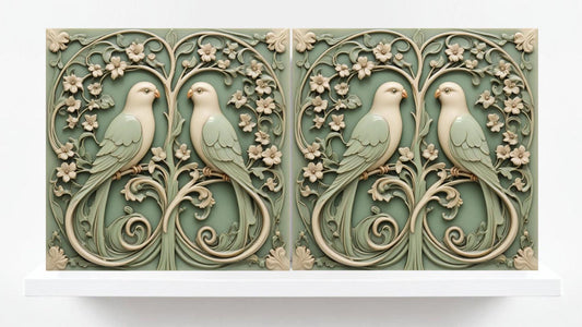 Art Nouveau Bird and Flower Ceramic tiles -Set of 2 Art Nouveau Green Bird Wall Decor, Bird Tiles - Kitchen Backsplash,Shower,Bathroom Wall