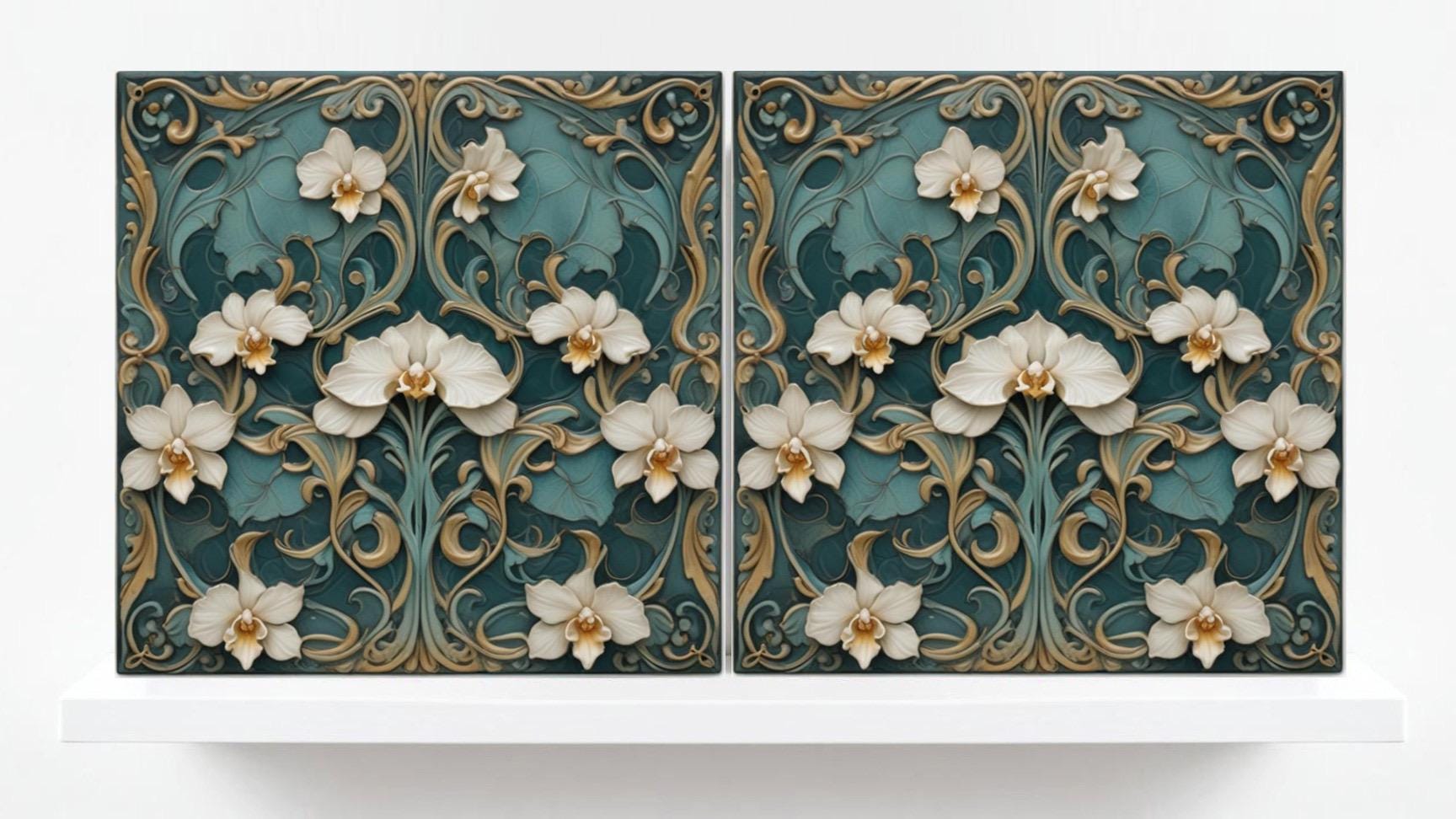 Orchid Tile Green Art Nouveau Tiles Flower Botanical Art Print Ceramic Tiles - Set of 2 Art Nouveau Wall Decor -Kitchen Backsplash, Bathroom