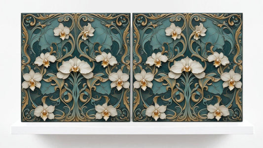 Orchid Tile Green Art Nouveau Tiles Flower Botanical Art Print Ceramic Tiles - Set of 2 Art Nouveau Wall Decor -Kitchen Backsplash, Bathroom