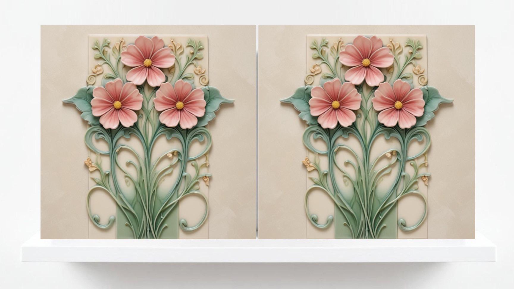 Art Nouveau Tile Flower Ceramic Tiles-Set of 2 Botanical Print Wall Decor-Kitchen Backsplash,Bathroom,Shower Wall,Sink Splashback,Fireplace