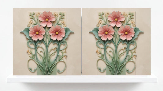 Art Nouveau Tile Flower Ceramic Tiles-Set of 2 Botanical Print Wall Decor-Kitchen Backsplash,Bathroom,Shower Wall,Sink Splashback,Fireplace