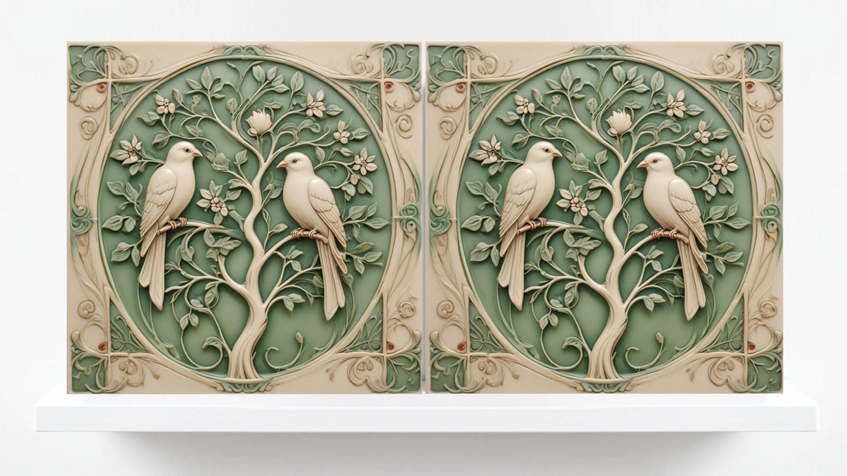 Art Nouveau Green Bird and Flower Tree Ceramic tiles-Set of 2 Botanical Tiles Birds Wall Decor,Birds Tiles-Kitchen Backsplash Tiles,Bathroom