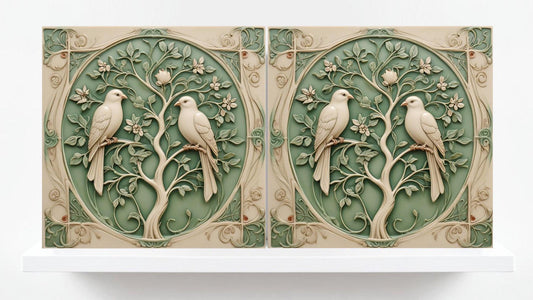 Art Nouveau Green Bird and Flower Tree Ceramic tiles-Set of 2 Botanical Tiles Birds Wall Decor,Birds Tiles-Kitchen Backsplash Tiles,Bathroom