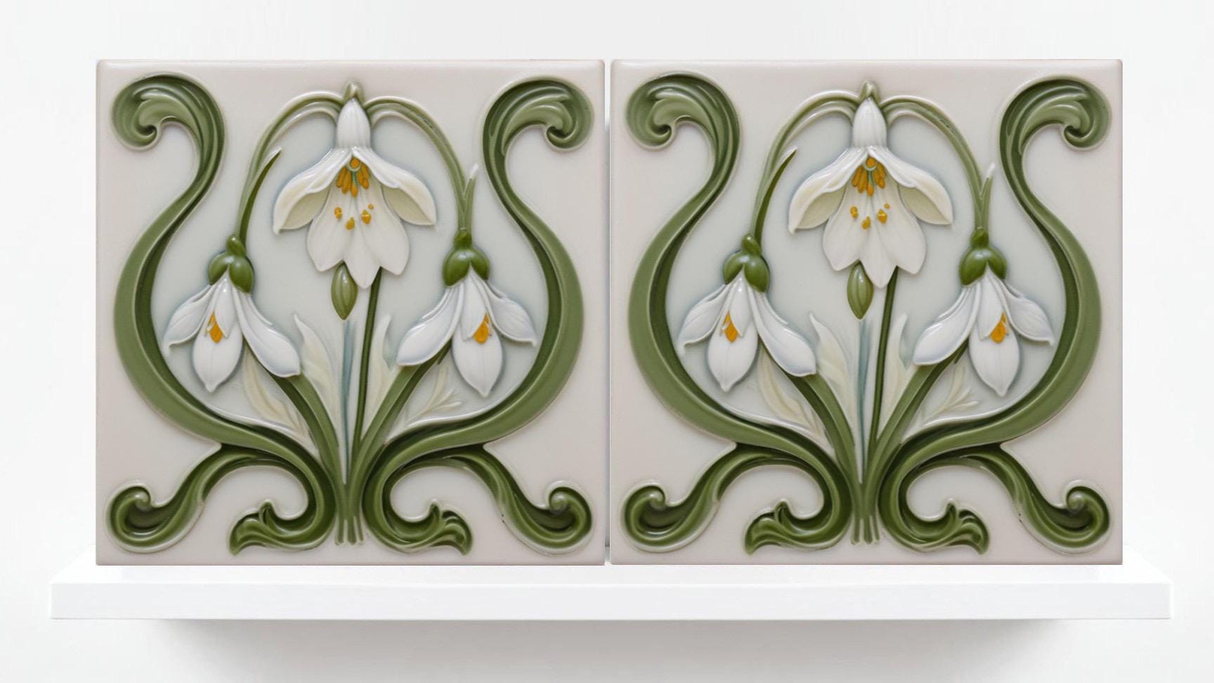 Snowdrop Tile Botanical Print Flower Ceramic Tiles -Set of 2 White Art Nouveau Wall Decor-Kitchen Backsplash Tiles,Bathroom,Shower Wall,Sink