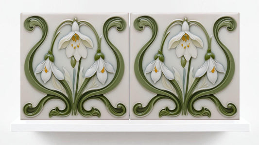 Snowdrop Tile Botanical Print Flower Ceramic Tiles -Set of 2 White Art Nouveau Wall Decor-Kitchen Backsplash Tiles,Bathroom,Shower Wall,Sink